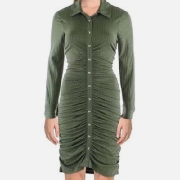 Veronica Beard Davila Ruched Button-Front Mini Dress Stone Army - Picture 3 of 6